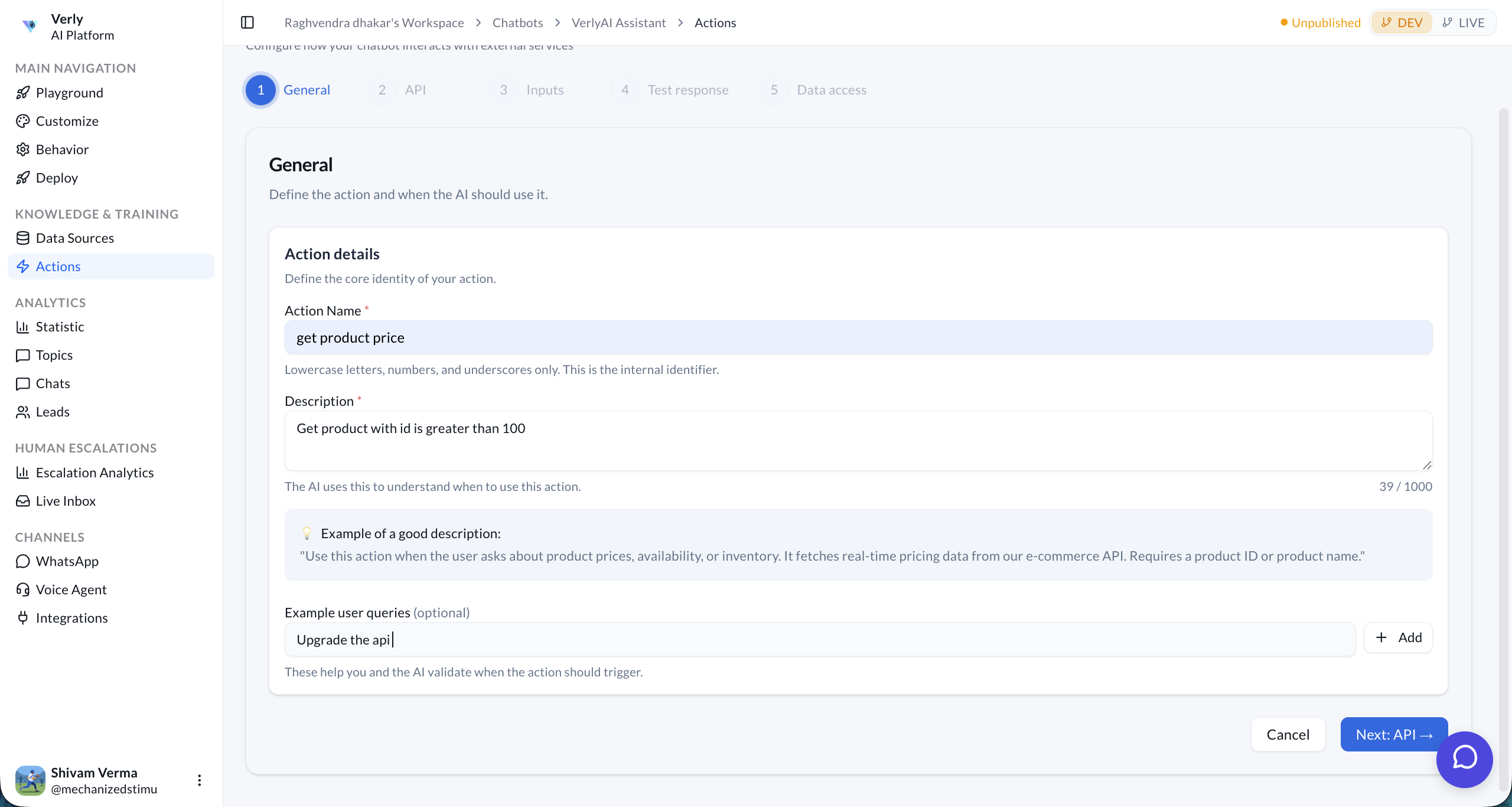 Create New Action – General Settings