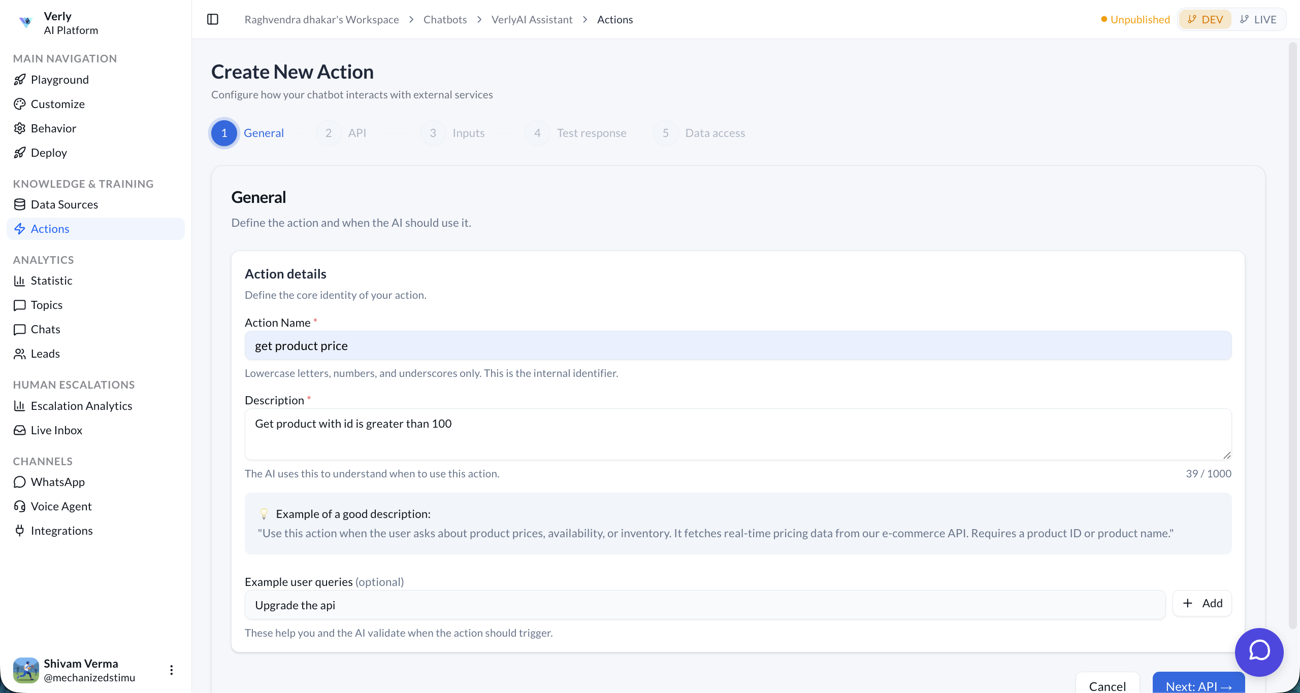 Create New Action – API Request