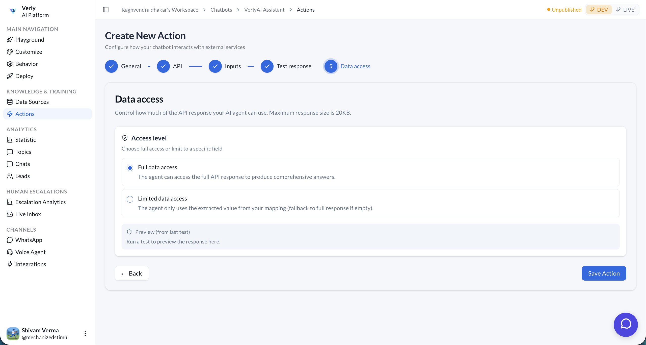 Create New Action – Test Response
